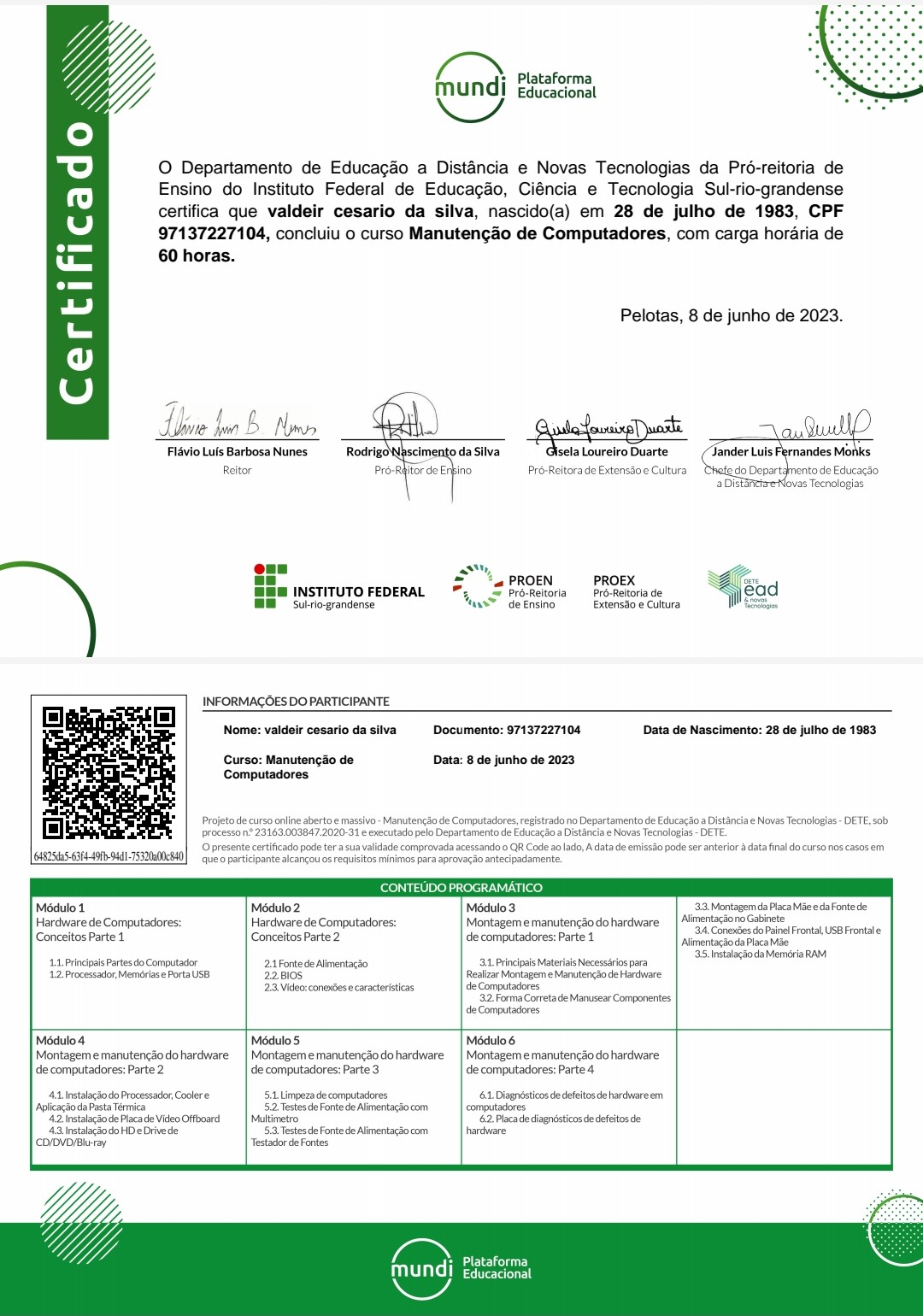 Certificado do curso de Manutenção de Computadores